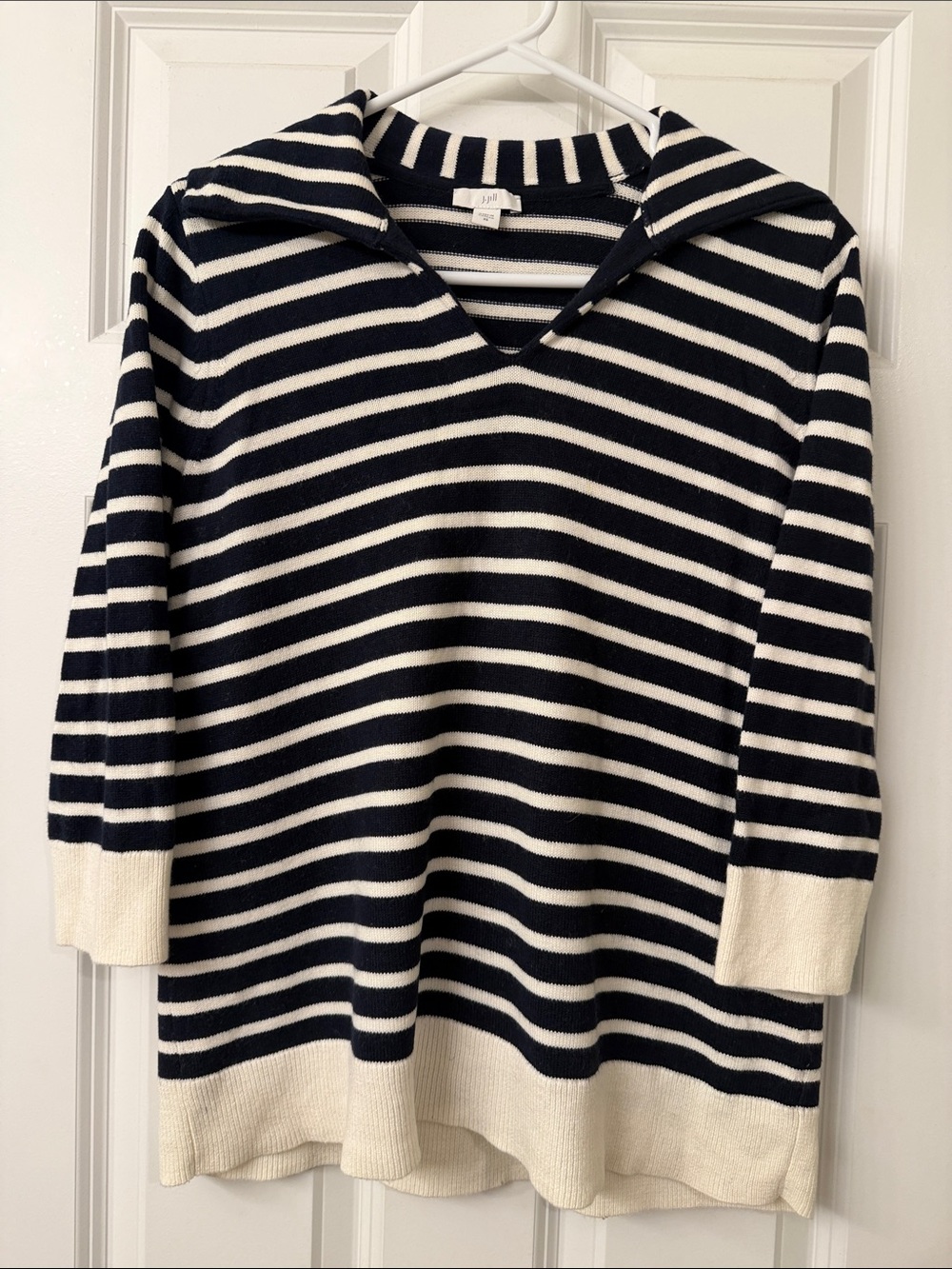 J. Jill Navy and White Striped V-Neck Sailor Pullover
